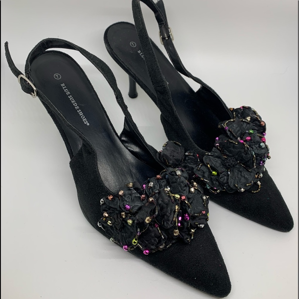Black suede pointed heel with adjustable strap
